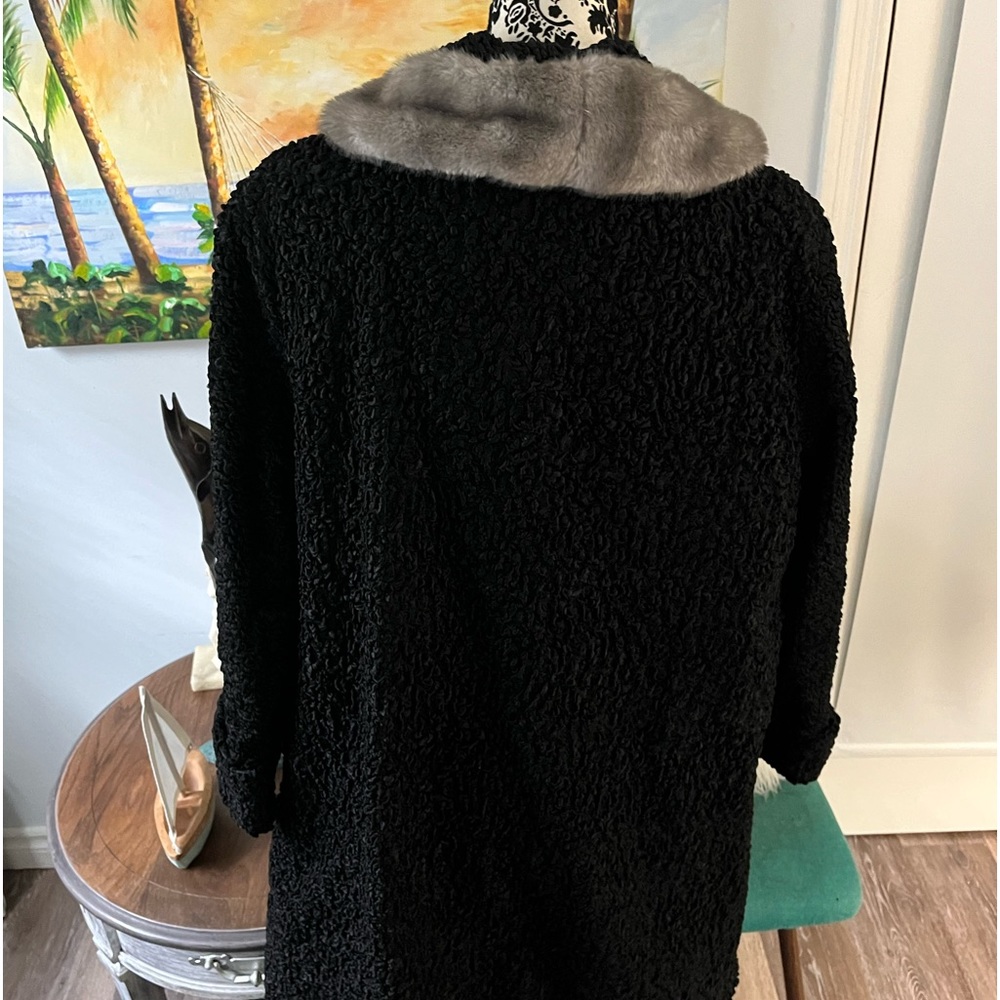 Black Faux Fur  lamb Coat with Gray Faux Fur Collar - Picture 3 of 8